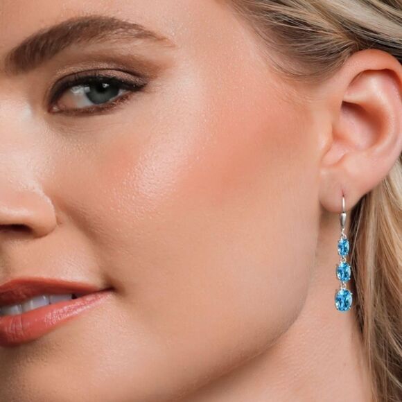 925 Sterling Silver with 6.10 Cttw 3 Stone Swiss Blue Topaz Leverback Earrings - Picture 3 of 5